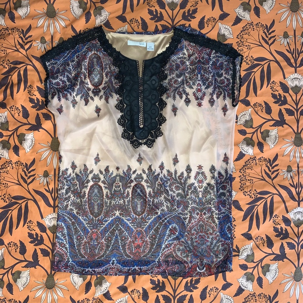 Kersh Beige Paisley & Lace trim boxy dress size M